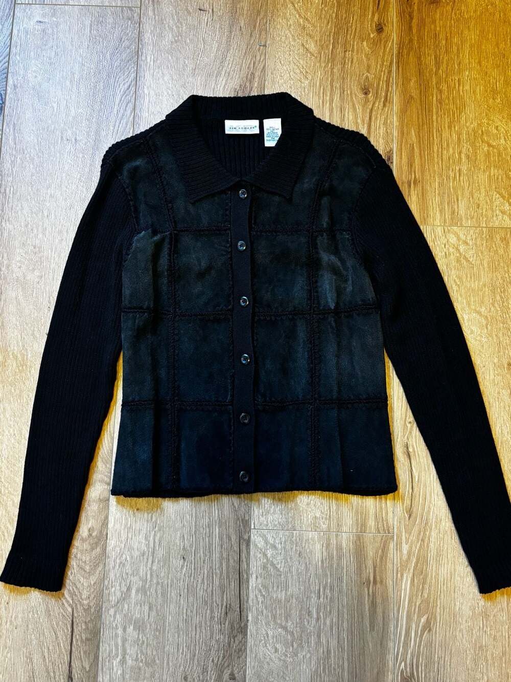 Kim Rogers Black Suede Leather Patchwork Knit Cardigan PM